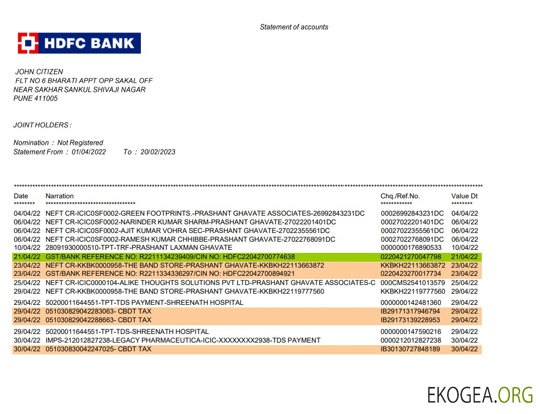 Modèle de relevé bancaire Inde HDFC, format Word et PDF, 2 pages, version 2